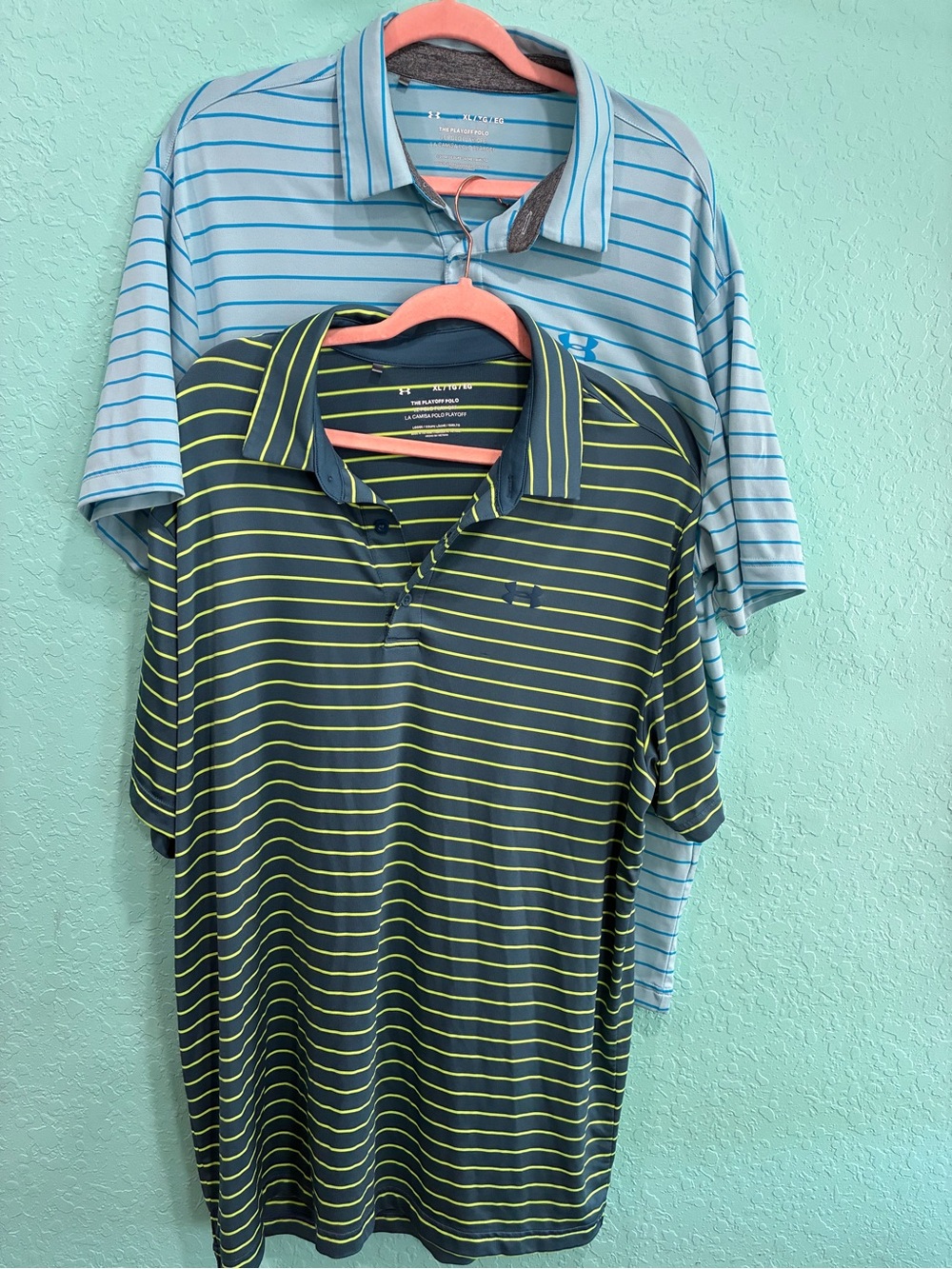 Bundle Under Armour Men’s the playoff polo striped blue gray neon XL active golf